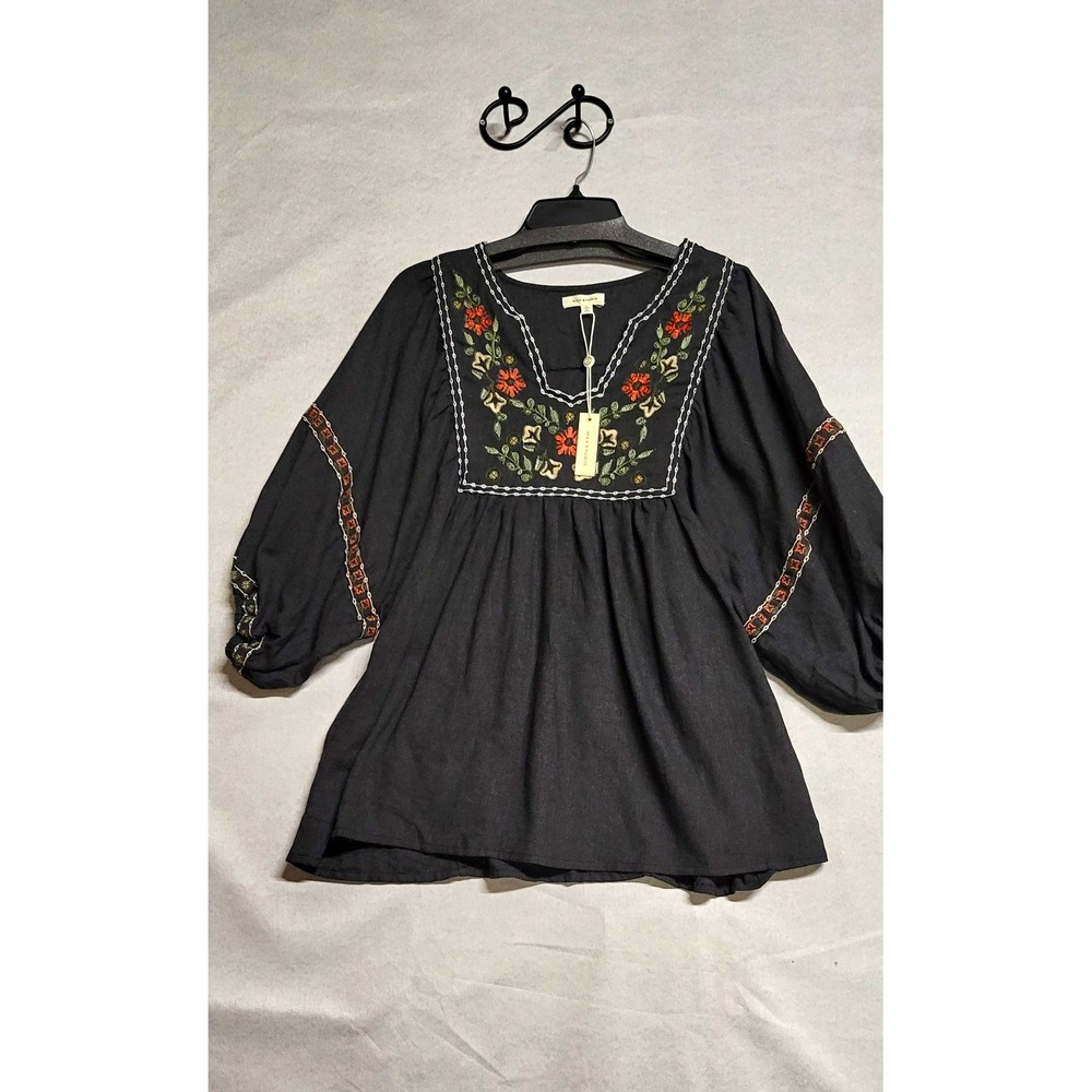 Max Studio Black Floral Embroidered V-Neck 3/4 Balloon Sleeve Boho Tunic L